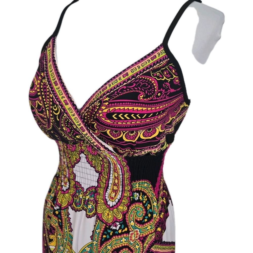 SNAP Junior Large Stretch Knit Paisley Spaghetti Strap Padded Bodice Maxi Dress - Picture 2 of 7